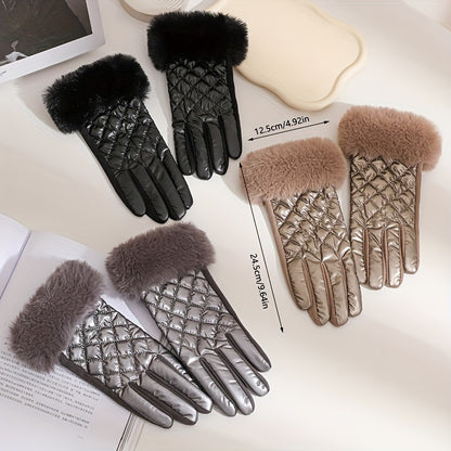 Women's Fashion Quilted Polyester Full Finger Gloves with Faux Fur Trim - Inelastic, Warm, Windproof, Knitted Craftsmanship for Weekend Casual Wear - Pack of 1 Pair