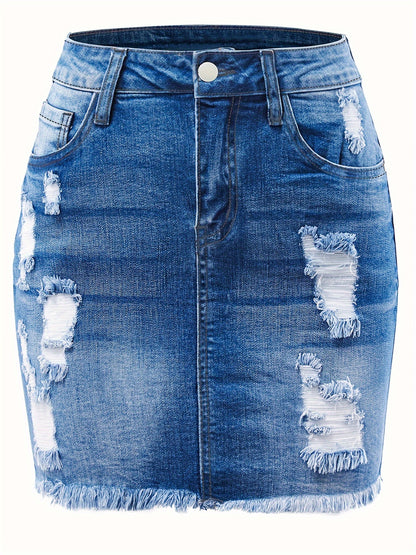Plain Ripped Holes Denim Mini Skirt, Raw Hem High Stretch Distressed Denim Skirt, Women's Denim Clothing