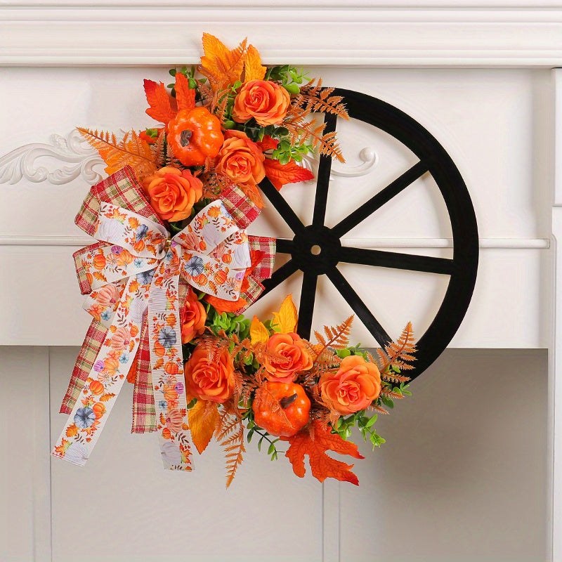 1pc Autumn Harvest Festival Simulation Flower Wreath - Artificial Flower, Silk Butterfly, Simulated Green Plant, Pumpkin Design, Indoor/Outdoor Decoration for Front Door, Room, Farm Courtyard - High-Quality, Durable, Easy to Assemble, Festive, Seasonal De