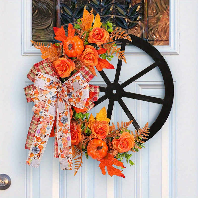 1pc Autumn Harvest Festival Simulation Flower Wreath - Artificial Flower, Silk Butterfly, Simulated Green Plant, Pumpkin Design, Indoor/Outdoor Decoration for Front Door, Room, Farm Courtyard - High-Quality, Durable, Easy to Assemble, Festive, Seasonal De