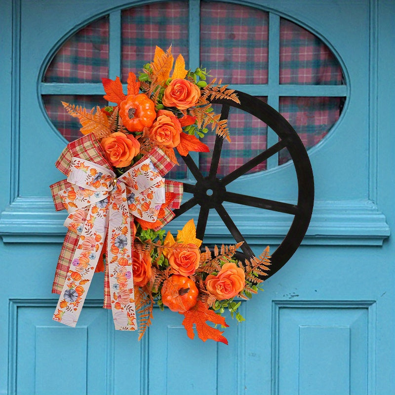 1pc Autumn Harvest Festival Simulation Flower Wreath - Artificial Flower, Silk Butterfly, Simulated Green Plant, Pumpkin Design, Indoor/Outdoor Decoration for Front Door, Room, Farm Courtyard - High-Quality, Durable, Easy to Assemble, Festive, Seasonal De