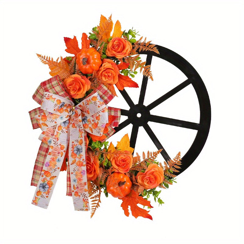 1pc Autumn Harvest Festival Simulation Flower Wreath - Artificial Flower, Silk Butterfly, Simulated Green Plant, Pumpkin Design, Indoor/Outdoor Decoration for Front Door, Room, Farm Courtyard - High-Quality, Durable, Easy to Assemble, Festive, Seasonal De
