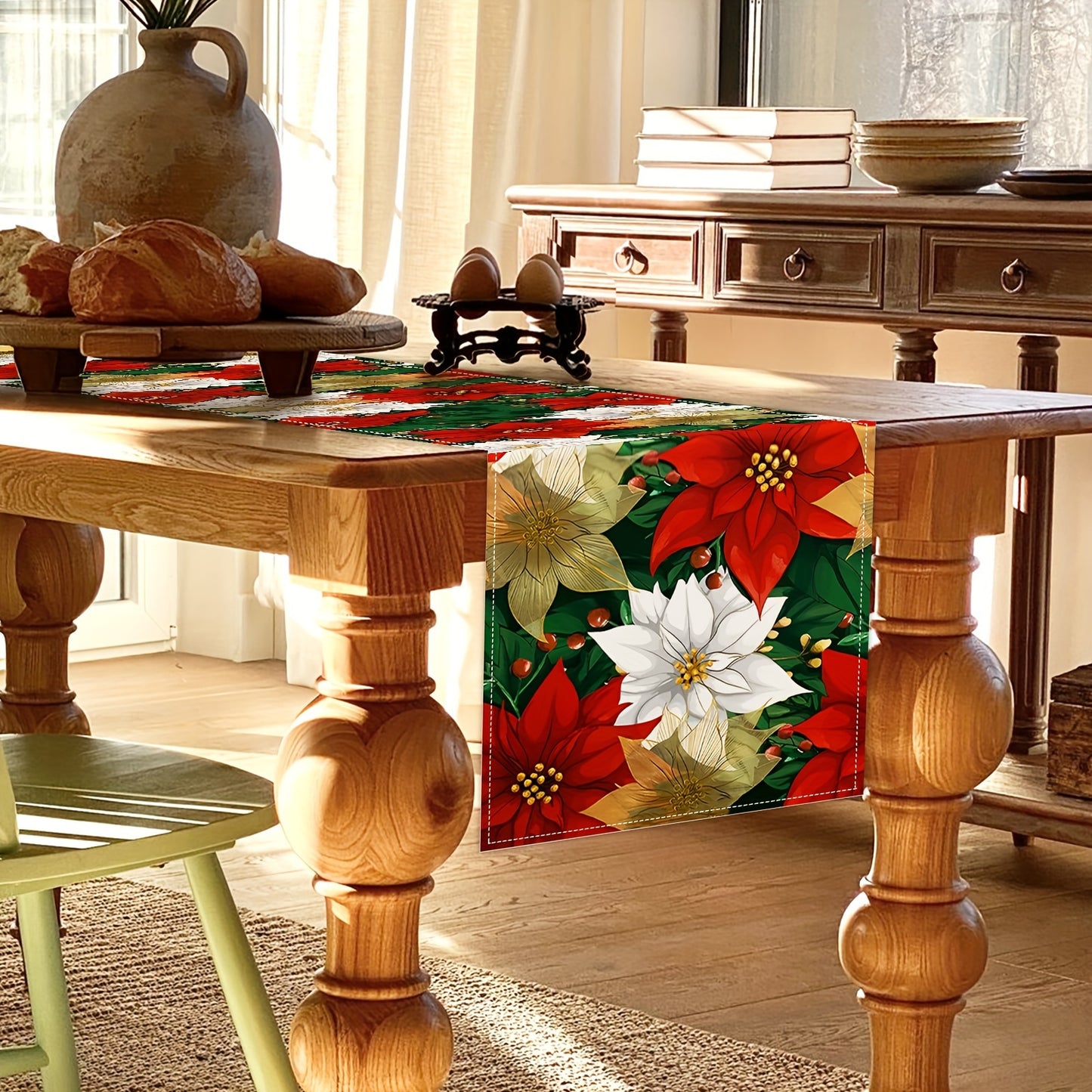 1pc Vibrant Red Poinsettia Polyester Table Runner - Durable, Stain-Resistant, and Easy-to-Clean Table Linen with Golden Festive Design, Perfect for Indoor Holiday Dining, Wedding, and Room Decoration - Ideal for Winter Christmas Party and Seasonal Celebra