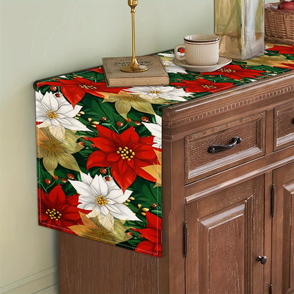 1pc Vibrant Red Poinsettia Polyester Table Runner - Durable, Stain-Resistant, and Easy-to-Clean Table Linen with Golden Festive Design, Perfect for Indoor Holiday Dining, Wedding, and Room Decoration - Ideal for Winter Christmas Party and Seasonal Celebra