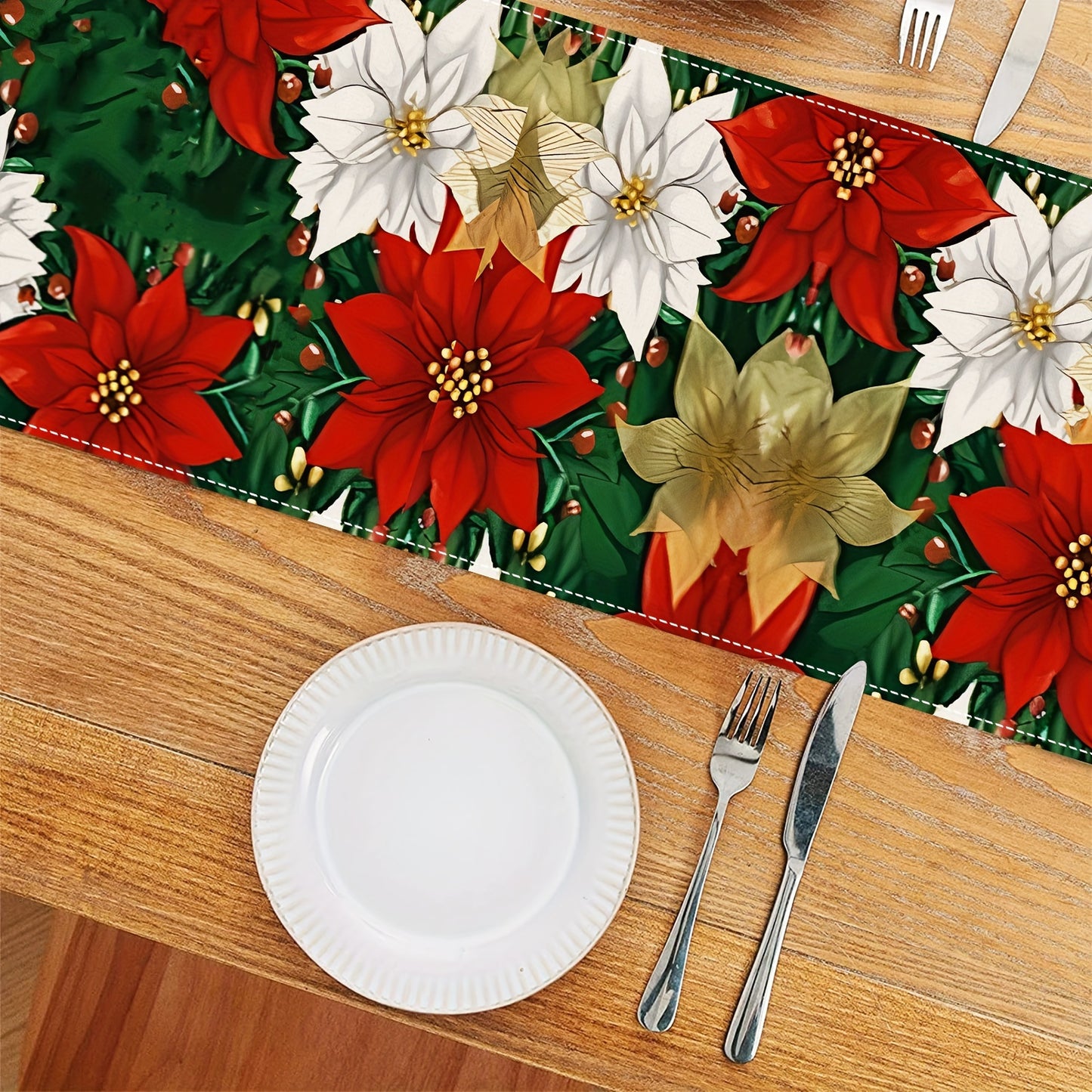 1pc Vibrant Red Poinsettia Polyester Table Runner - Durable, Stain-Resistant, and Easy-to-Clean Table Linen with Golden Festive Design, Perfect for Indoor Holiday Dining, Wedding, and Room Decoration - Ideal for Winter Christmas Party and Seasonal Celebra