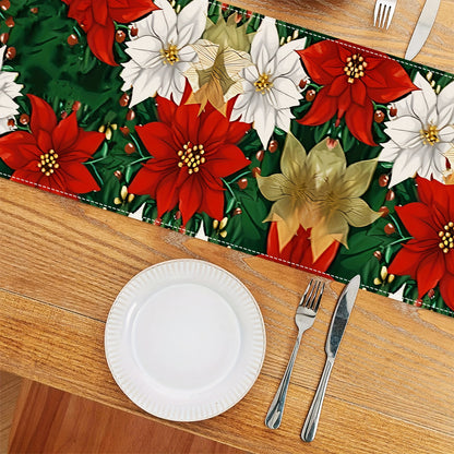 1pc Vibrant Red Poinsettia Polyester Table Runner - Durable, Stain-Resistant, and Easy-to-Clean Table Linen with Golden Festive Design, Perfect for Indoor Holiday Dining, Wedding, and Room Decoration - Ideal for Winter Christmas Party and Seasonal Celebra