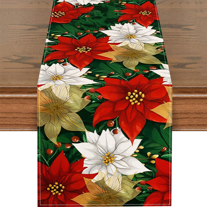1pc Vibrant Red Poinsettia Polyester Table Runner - Durable, Stain-Resistant, and Easy-to-Clean Table Linen with Golden Festive Design, Perfect for Indoor Holiday Dining, Wedding, and Room Decoration - Ideal for Winter Christmas Party and Seasonal Celebra