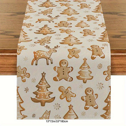 Christmas Polyester Table Runner - Machine Washable Rectangular Table Decoration with Gingerbread Man and Tree Motifs for Holiday Dining and Home Decor