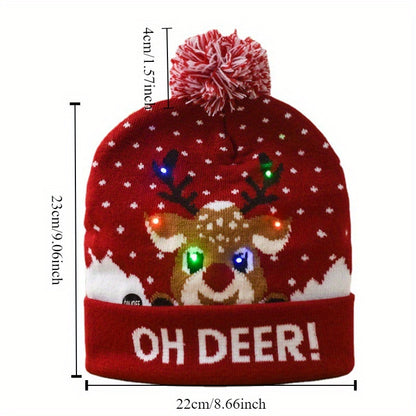Festive LED Beanie Hats with Pom Poms - Christmas-Themed Knit Caps with Decorative Patterns, Battery-Powered (Included), One-Time Use - Pack of 1