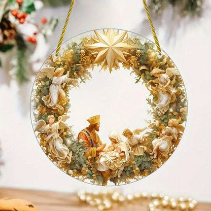 1pc Transparent Circular Jesus Birth Scene Hanging Ornament with Artificial Coloring for Home and Garden Art Gifts, Living Room, Window Decoration