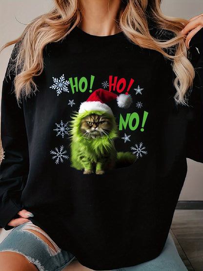 Ho Ho No - Funny Bad Cat Christmas, Gich Woman's Cozy Classic Print Pullover Sweater, Casual Long Sleeve Crew Neck Sweater