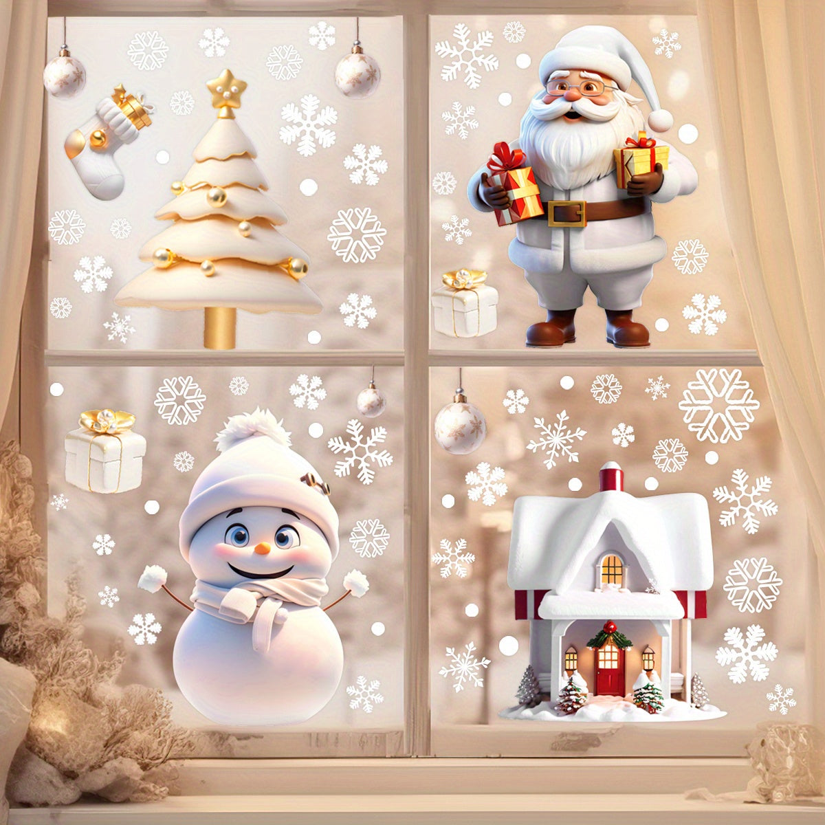 113pcs 4-Sheet Set of Double-Sided No-Glue Reusable Christmas Window Clings - Santa, Snowflakes & More for Home, Office & Party Decor