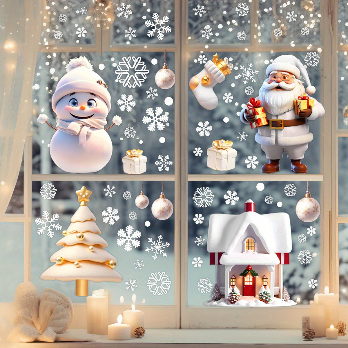 113pcs 4-Sheet Set of Double-Sided No-Glue Reusable Christmas Window Clings - Santa, Snowflakes & More for Home, Office & Party Decor