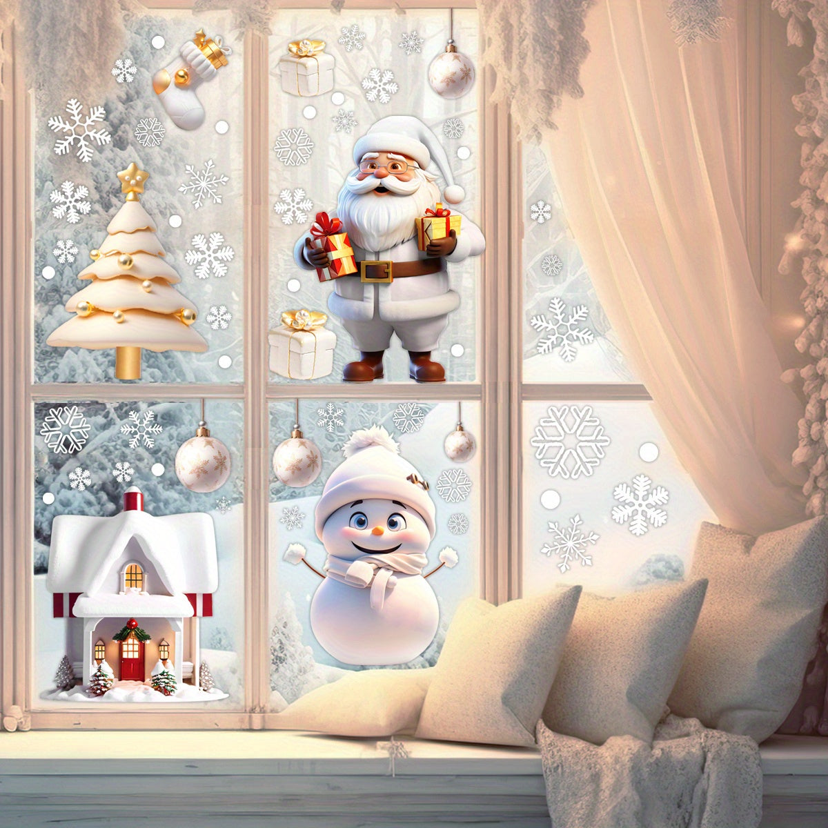 113pcs 4-Sheet Set of Double-Sided No-Glue Reusable Christmas Window Clings - Santa, Snowflakes & More for Home, Office & Party Decor