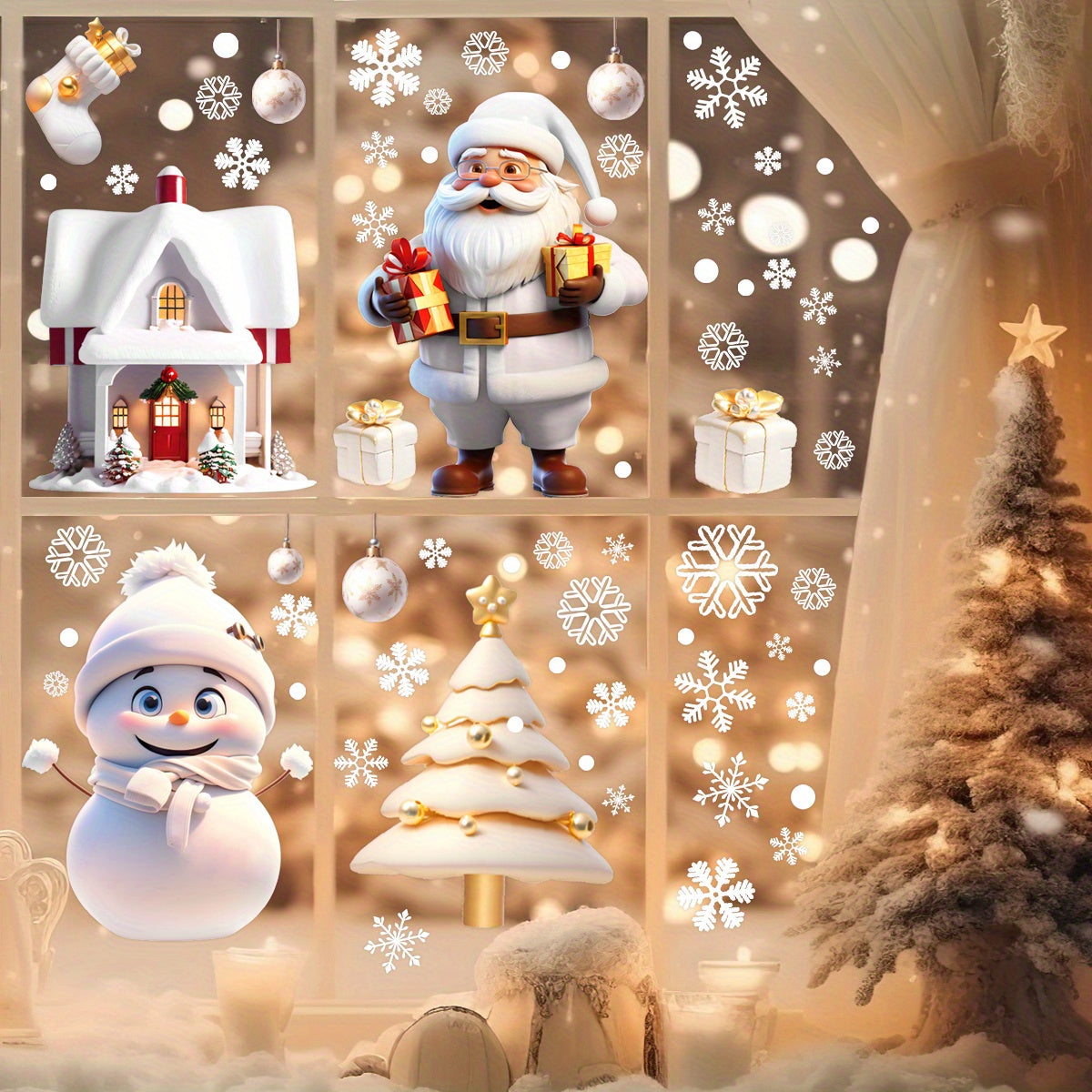 113pcs 4-Sheet Set of Double-Sided No-Glue Reusable Christmas Window Clings - Santa, Snowflakes & More for Home, Office & Party Decor