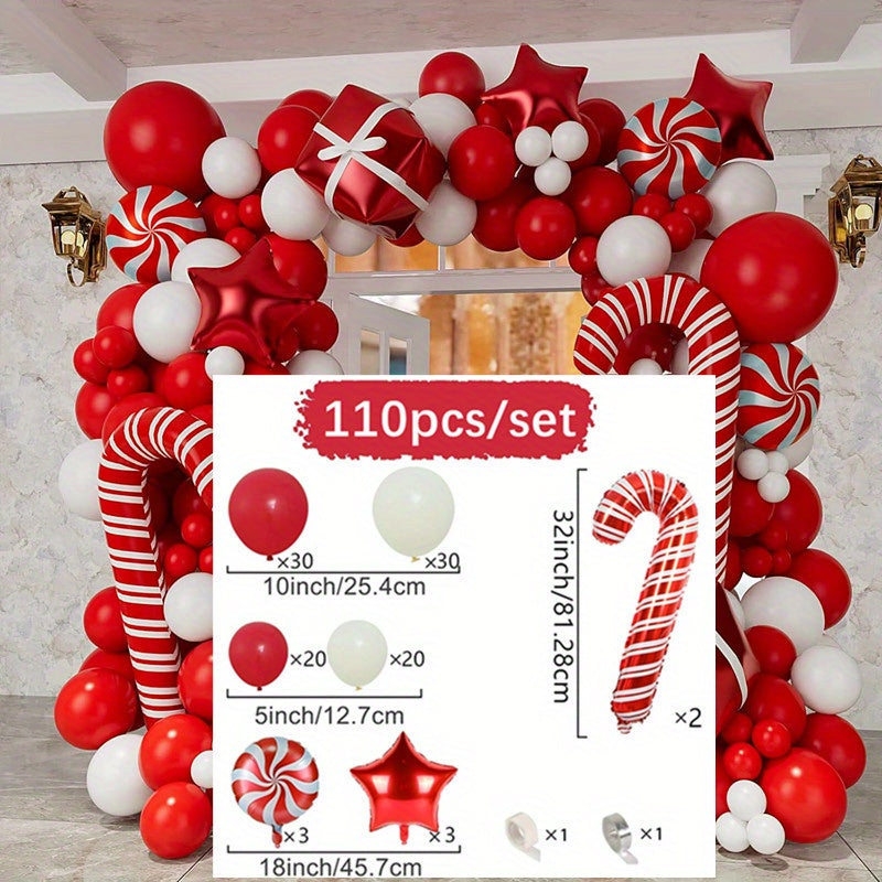 110pcs Christmas Balloon Garland Kit - Festive Red & White with Candy Canes, Stars, and Foil Balloons for Holiday Parties, Showers, and New Year Celebrations, Best for Christmas