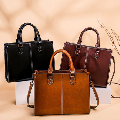 Luxurious European-Style Genuine Leather Tote Bag for Women - Totes with Versatile Shoulder Strap, Zip Closure, Edge Painted, Oil Wax Finish - High-Quality, Durable, Easy-to-Care Handbag with Style Guide
