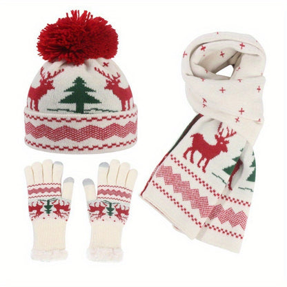 Three-Piece Set Winter Ladies Thickened Knitted American Ne Christmas Cap, Gloves and Scarf Hat