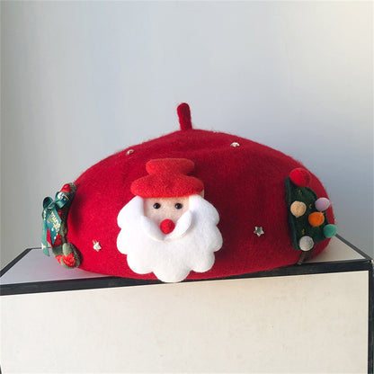 Women'S Christmas-Themed Polyester Beret Hat - Santa Claus Design, Warm Wool-Blend Beanie Cap for Winter Season