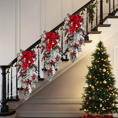 3 Pcs Artificial Christmas Teardrop Wreath, Rustic Red Berry Pine Cone Garlands for Front Door, Indoor Outdoor Xmas Party Home Decor