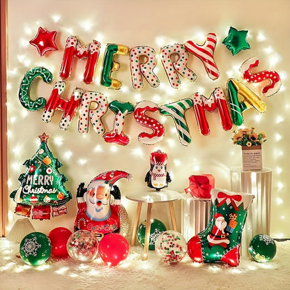 14pcs Merry Christmas Aluminum Foil Letter Balloons Set - Mixed Color Themed Party Decorations for Christmas, New Year & Weddings - Durable, Non-Electric, Carnival Inspired Designs for Ages 14+