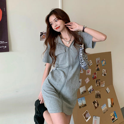 INS Fashion Zipper Dress Women's 2024 New Summer Korean Style Loose Western Style Casual Short Sleeve Hooded Top