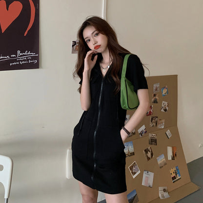 INS Fashion Zipper Dress Women's 2024 New Summer Korean Style Loose Western Style Casual Short Sleeve Hooded Top