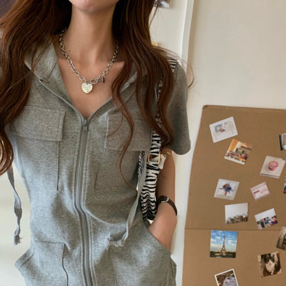 INS Fashion Zipper Dress Women's 2024 New Summer Korean Style Loose Western Style Casual Short Sleeve Hooded Top
