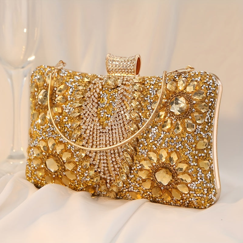 Glittering Vintage Rhinestone Evening Clutch - Elegant Ladies Cocktail Purse for Parties & Proms - Durable PU Material with Optional, Adjustable Chain Strap
