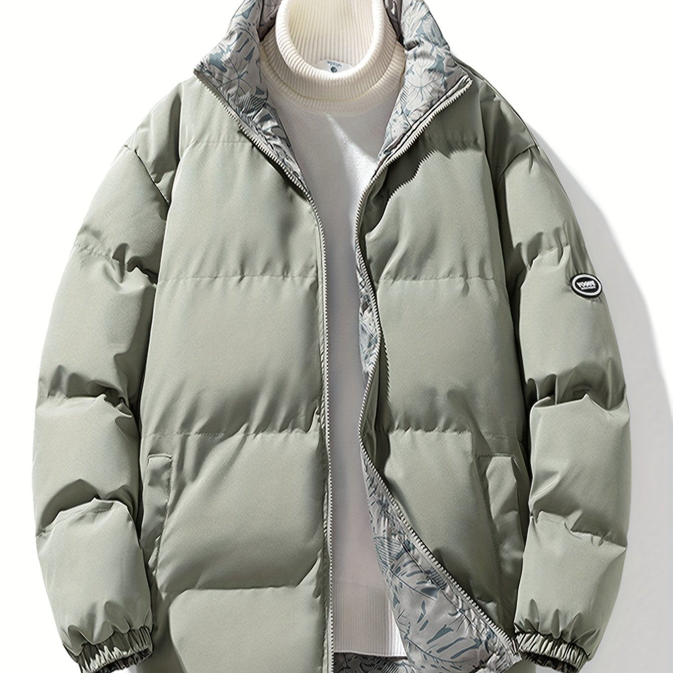 Men's Reversible Thick Jacket, Stand Collar Long Sleeves Full-Zip Down Jacket, Casual Fit Winter Wear