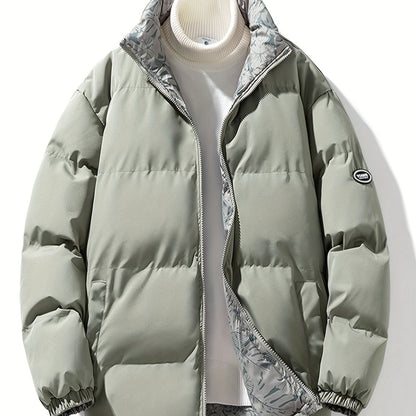 Men's Reversible Thick Jacket, Stand Collar Long Sleeves Full-Zip Down Jacket, Casual Fit Winter Wear
