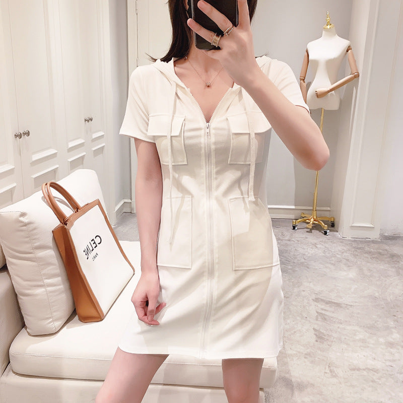 INS Fashion Zipper Dress Women's 2024 New Summer Korean Style Loose Western Style Casual Short Sleeve Hooded Top