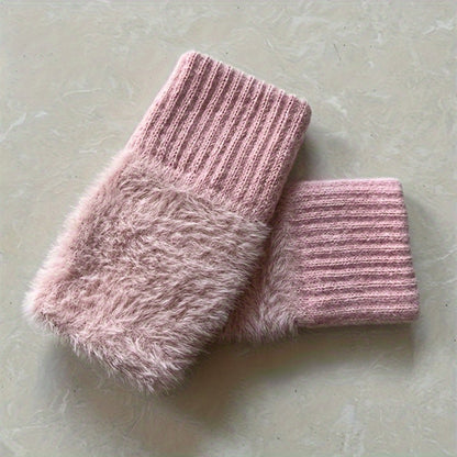 Women's Faux Fur Knitted Half-Finger Gloves, 2-Pack, Elastic Warm Winter Gloves for Office, Casual Outings, Hand Washable, Warmth & Comfort, Windproof Design