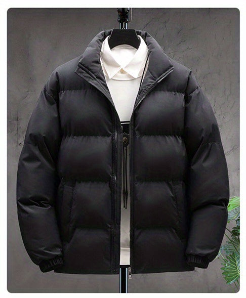 Plus Size Mens Puffer Jacket - Vibrant Solid Color, Classic Band Collar, Warm and Comfortable Design for Fall and Winter Seasons - Mens Clothing Essential
