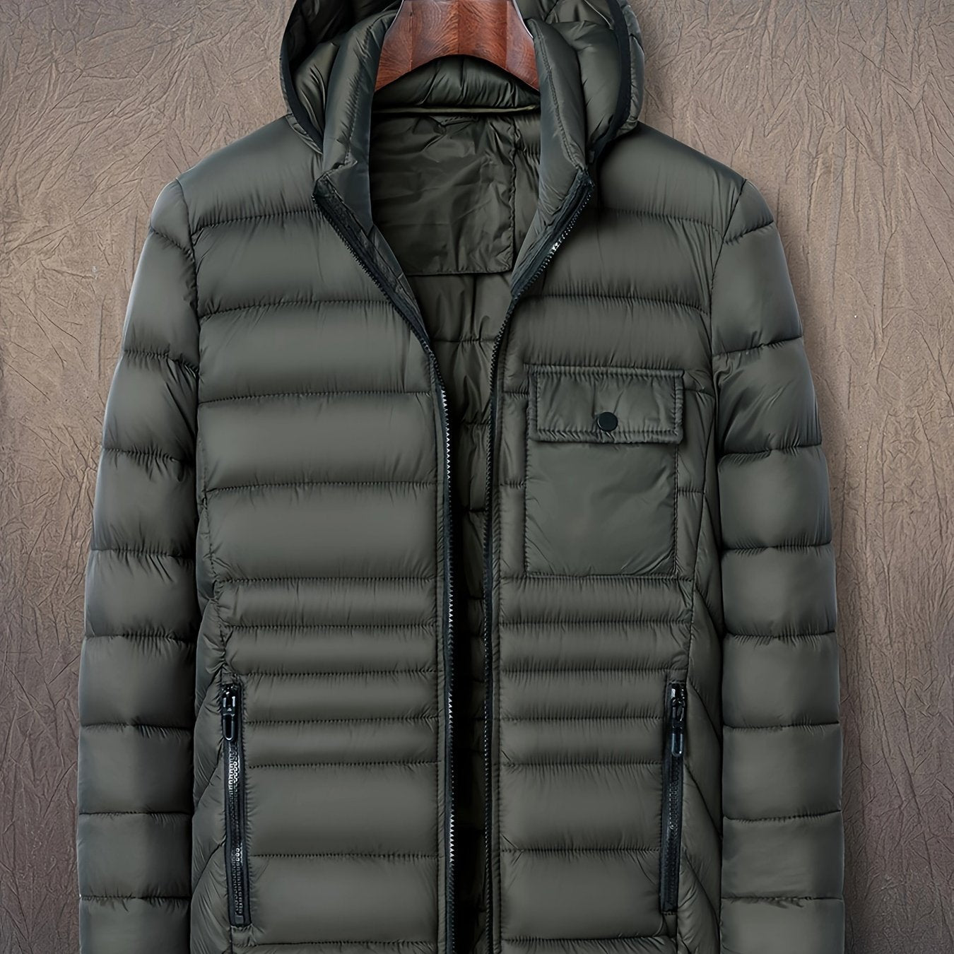 Men's Solid Color Hooded Puff Jacket, Long Sleeve Stand Collar Comfy Warm Trendy Winter Faux Down Coat As Gift