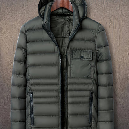 Men's Solid Color Hooded Puff Jacket, Long Sleeve Stand Collar Comfy Warm Trendy Winter Faux Down Coat As Gift
