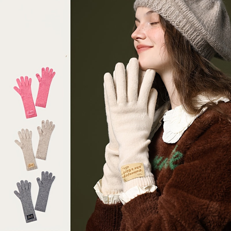 1 Pair Autumn And Winter Knitted Warm Gloves, Women's Outdoor Plus Velvet Thickened Windproof Coldproof Touch Screen Warm Gloves