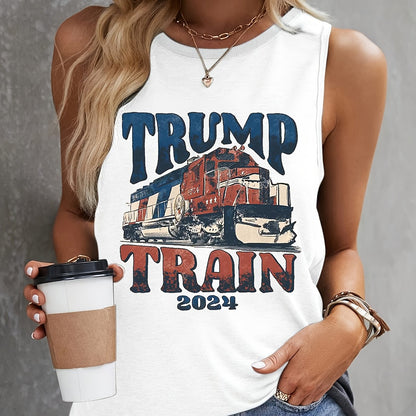 Sleeveless Trump Train Print Tank Top - Freedom of Movement, Casual Comfort for Summer & Spring - Stylish Womens Clothing for Everyday Wear