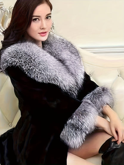 Mid-Length Women's Elegant Faux Fur Coat with Long Sleeve, Collar, Belt, Pockets, and Knit Fabric for Stylish Winter Outerwear