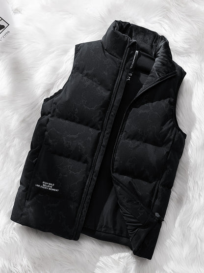 Men's Stylish Solid Sleeveless Down Jacket With Pockets, Casual Breathable Fleece Stand Collar Zip Up Warm Tank Top For City Walk Street Hanging Winter Outdoor Activities