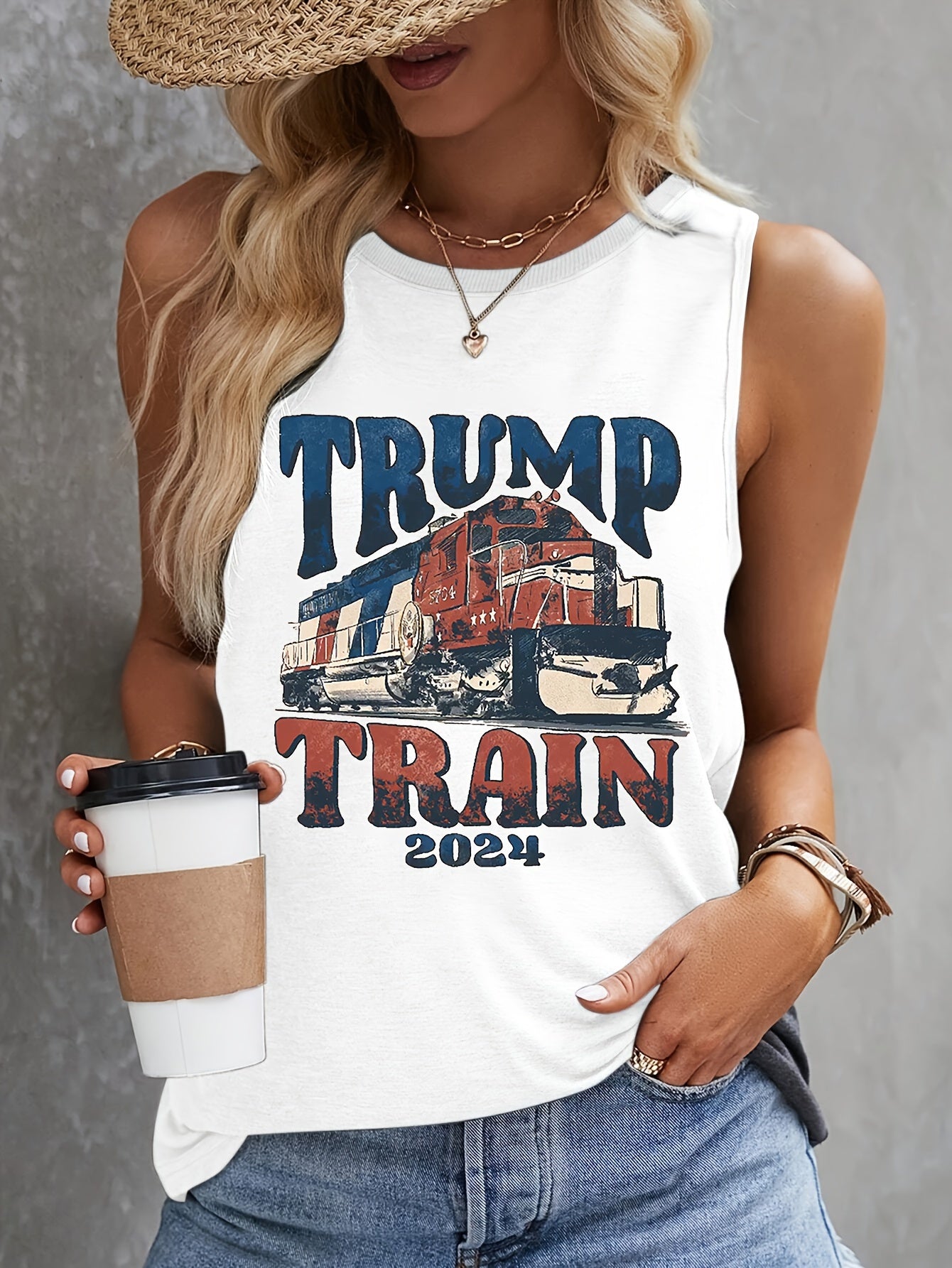 Sleeveless Trump Train Print Tank Top - Freedom of Movement, Casual Comfort for Summer & Spring - Stylish Womens Clothing for Everyday Wear