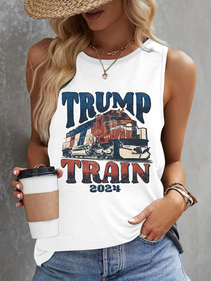 Sleeveless Trump Train Print Tank Top - Freedom of Movement, Casual Comfort for Summer & Spring - Stylish Womens Clothing for Everyday Wear