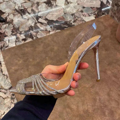 Summer New Women's Roman Rear Strap Pumps Transparent Baotou Rhinestone Pointed Toe High Heels Ultra-High Stiletto Heel Kq8