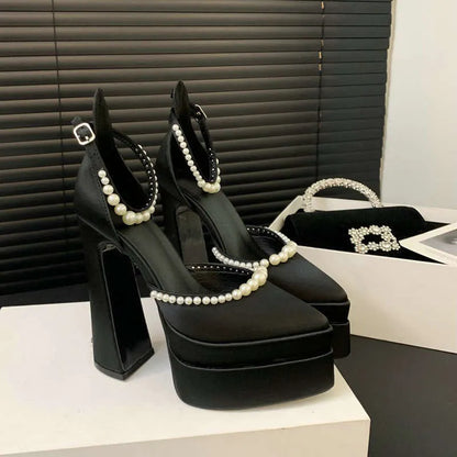 New Waterproof Platform Banquet Ladies Satin Sandals Plus Size Fashion Pearl Pumps 15 Cm High Heels Kq8