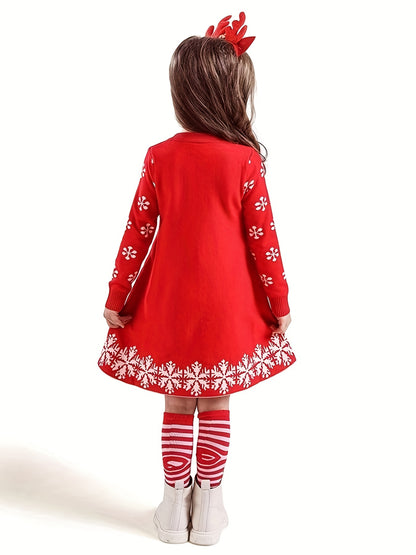 Cozy Girls' Deer Pattern Sweater Dress - Special Occasion, Round Neck, Long Sleeve, Knitted, Christmas Themed, Soft and Warm - Perfect for Holiday Parties
