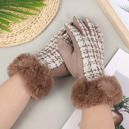 Stylish Houndstooth Touch Screen Gloves - Warm, Non-Elastic, Full Finger Polyester Woven Gloves with Faux Fur Cuffs, Perfect for Weekend Casual Use, Cold Weather, and Outdoor Activities