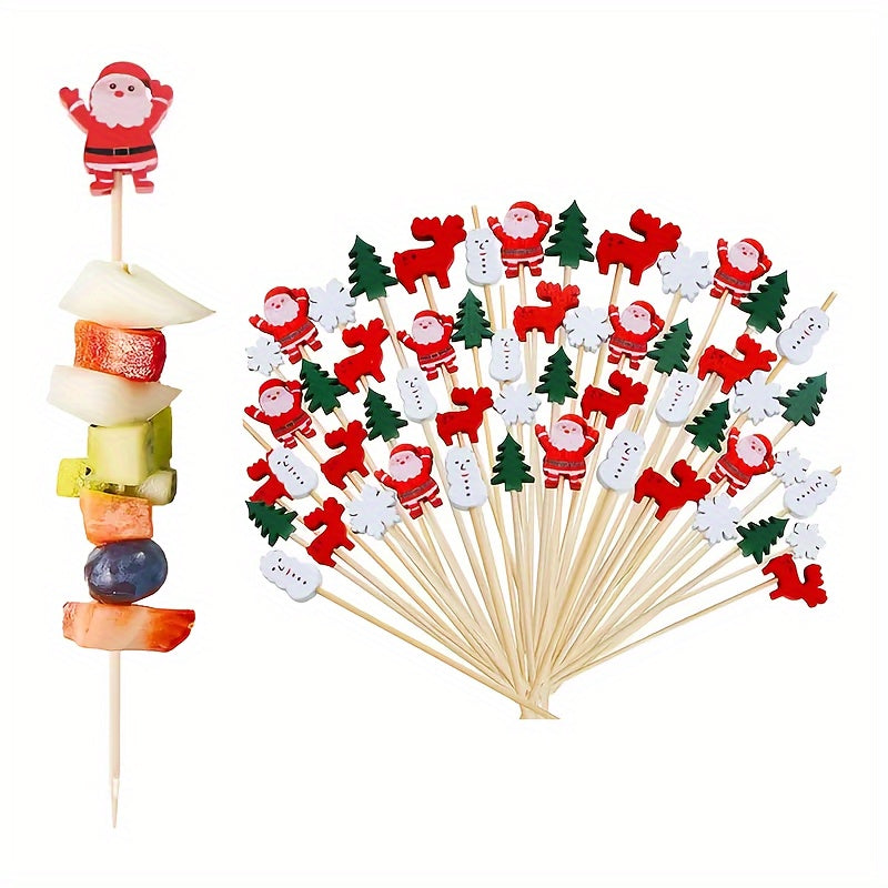 100pcs Wooden Festive Christmas Cocktail Picks - Sticks With Snowflakes, Snowmen, Reindeer & Trees For Holiday Drinks, Appetizers & Party Decorations
