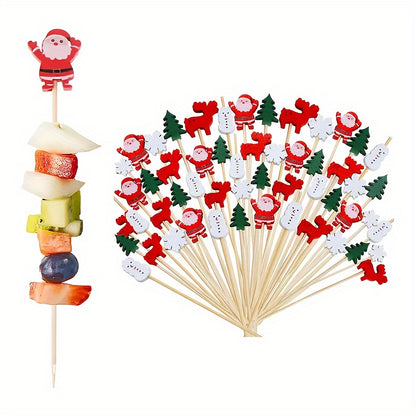 100pcs Wooden Festive Christmas Cocktail Picks - Sticks With Snowflakes, Snowmen, Reindeer & Trees For Holiday Drinks, Appetizers & Party Decorations