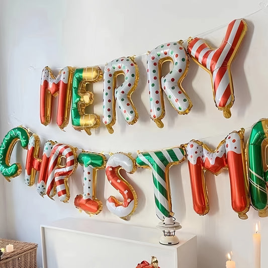 14pcs/set, 15.7in Alphabet Balloon Christmas Alphabet Banner Set, Merry Christmas Foil Balloon Merry Christmas Party Decoration Xmas Decor Indoor Balloon