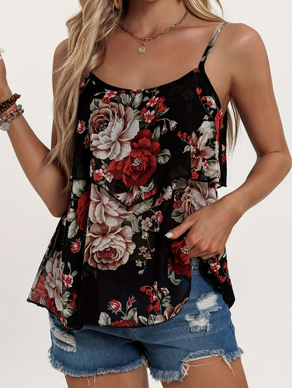 Charming Floral Print Cami Top - Lightweight & Flowy Layered Hem for Summer Elegance - Trendy Womens Sleeveless Fashion